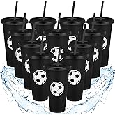 Domensi 12 Pcs Sport Soccer Plastic Cups with Lid and Straw 24 oz Reusable Plastic Cups Coffee Tumblers Gift for Fan Friend Guest Birthday Office Sport Party Supplies