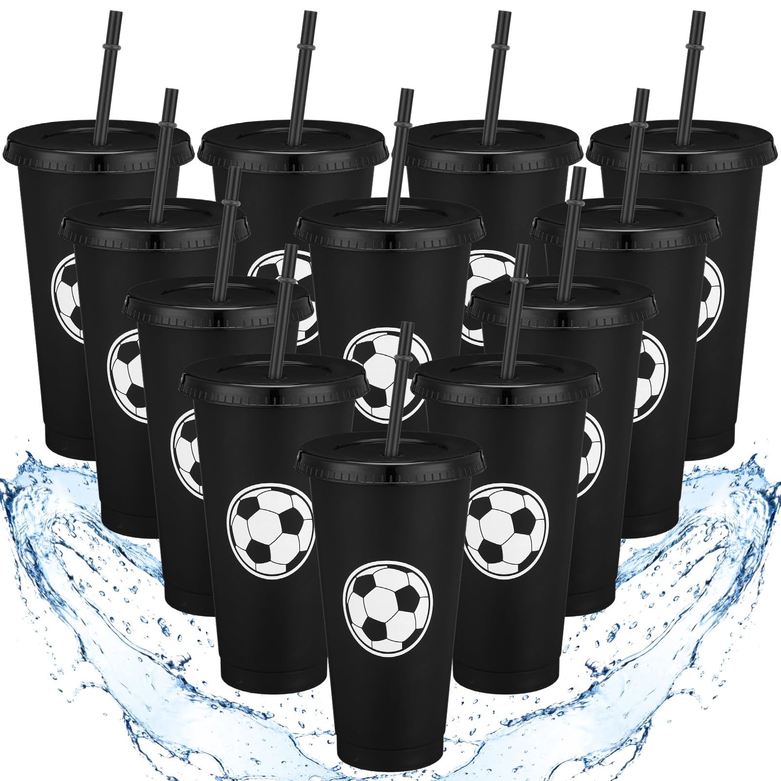 Photo 1 of Domensi 12 Pcs Sport Soccer Plastic Cups with Lid and Straw 24 oz Reusable Plastic Cups Coffee Tumblers Gift for Fan Friend Guest Birthday Office Sport Party Supplies