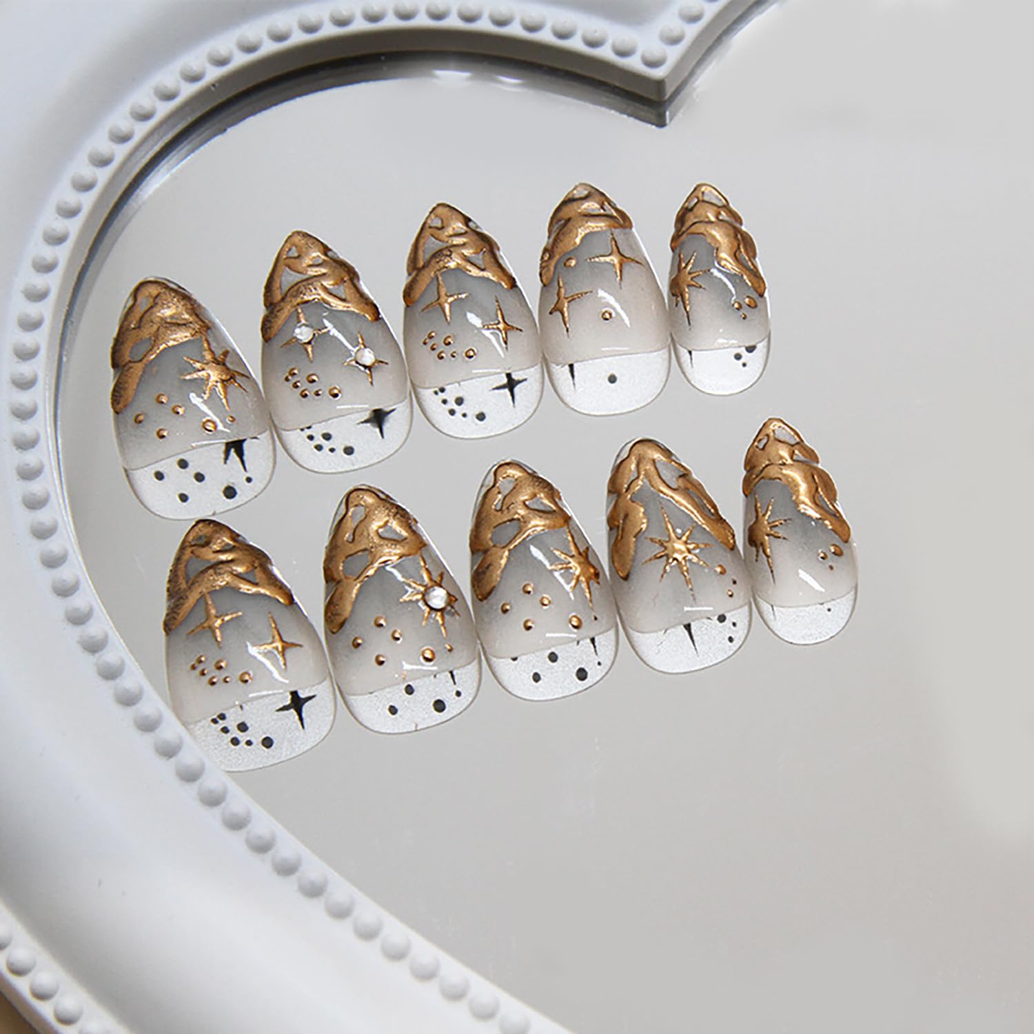 TBRZTR Gold French Tip Press on Nails - Medium Almond Shaped 3D Irregular False Nails With Stars Design Rhinestones - Acrylic Full Cover Coffin Nails - Reusable Glue on for Women 24Pcs - Image 5