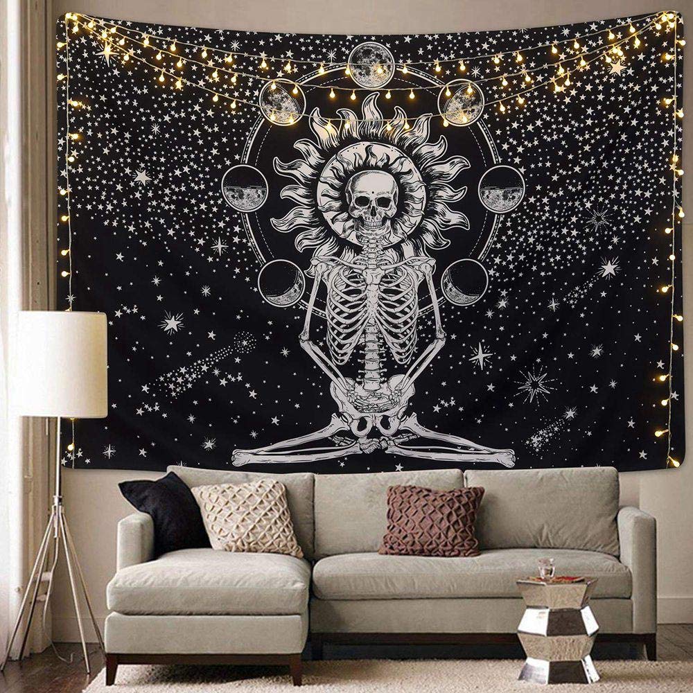 Womdee Skull Tapestry Wall Hanging Tapestry Meditation Skeleton Tapestry Starry Skull Tapestry Art Wall Hanging Black And White Dark Tapestry For Living Room Bedroom Dorm Home Decoration Tapestries Home Decor