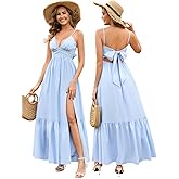 HTZMO Women's Summer Wedding Guest Floral Maxi Sundress Lace V Neck Back Bow Tie Casual Boho Beach Party Long Dresses