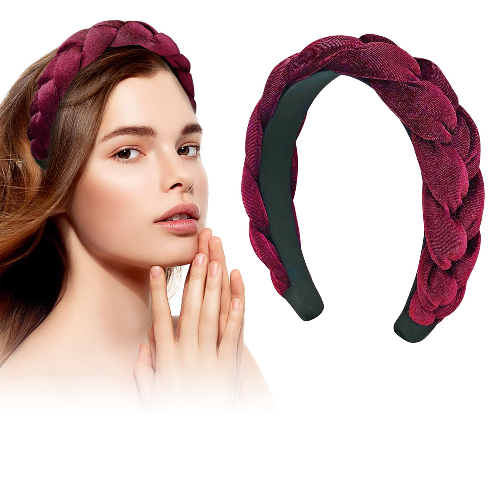 LOPHE Velvet Braided Headband, Twisted Braid Rough Edge Hair Band, Non-Slip Twisted Knotted Headband, Cute Vintage Style Braided Hairband, Makeup Headbands for Women (Wine Red)