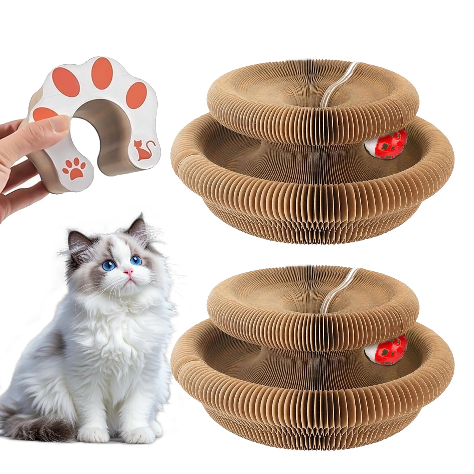 Photo 1 of 2-Pack Magic Organ Cat Scratching Board – Kitty Kurls Cat Scratcher Toy with Bell Balls for Indoor Cats, Interactive Cardboard Kitty Toy Scratcher, Furniture Protection