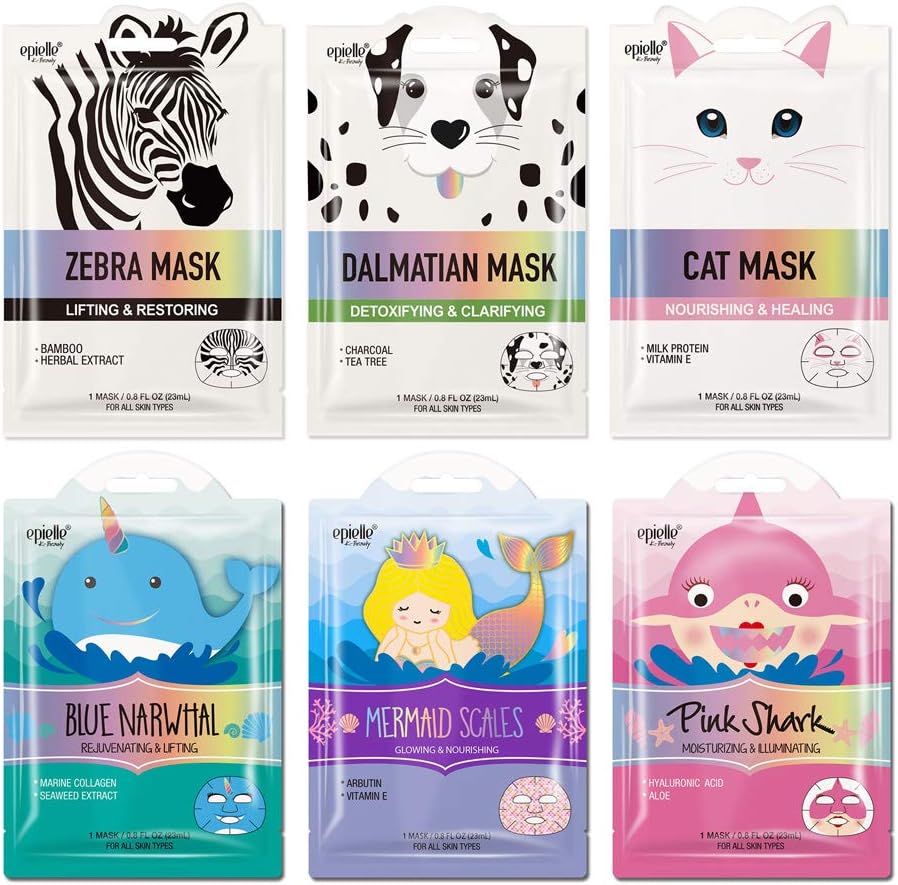 Epielle Character Sheet Masks | Animal Spa Mask | Dalmatian, Zebra, Cat, Shark, Narwhal, Mermaid Scale | Korean Beauty Mask -For All Skin Types, (Pack of 6) | Birthday Party Gift for her kids, Spa Day
