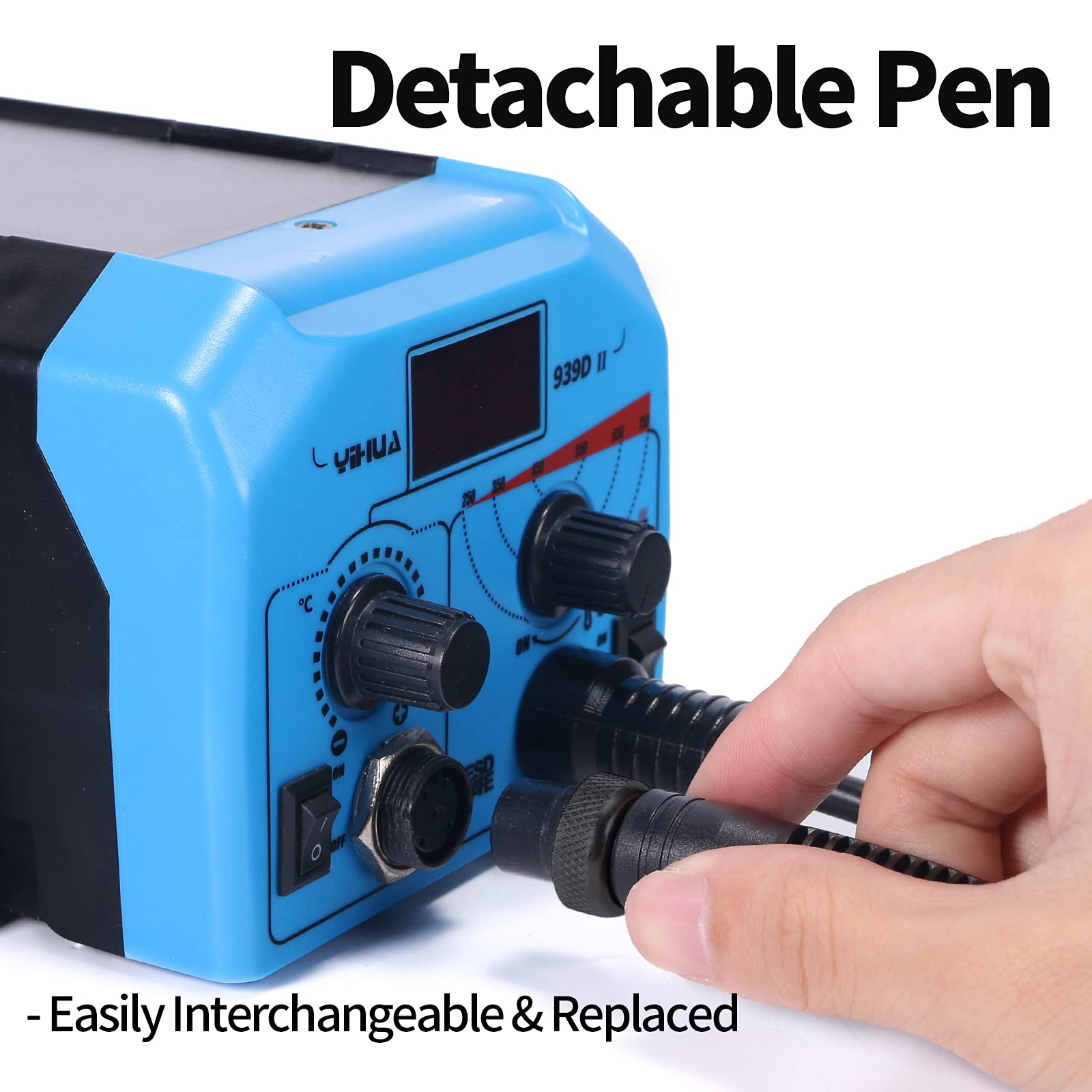 YIHUA 939D-II Pyrography Pen Wood Burning Kit Station 2-in-1 Solid-Point 200~480°C (with Temp Display)/Wire-Nib 250~750°C with 20 Nibs, Solid Points, 1 Stable Pen Holder, 2 Scrap Wood (Blue)