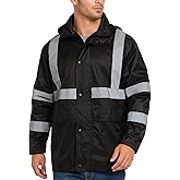 Bass Creek Outfitters Mens Rain Jacket - Waterproof Hooded High Visibility Safety Coat with Reflective Strips
