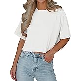 Tankaneo Womens Casual Half Sleeve Cropped T-Shirts Summer Crop Tops Solid Color Round Neck Basic Crop Tees