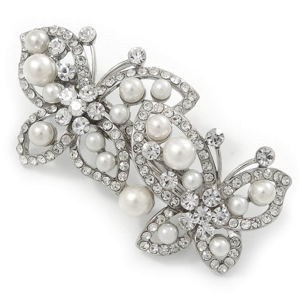 White Glass Pearl, Clear Crystal Butterfly Barrette Hair Clip Grip In Silver Tone - 70mm Across