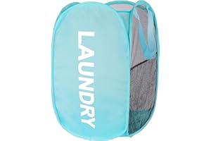 BENJUN Mesh Laundry hamper,collapsible Laundry basket,Easy to Open and Fold for room storage,and Side Pockets Carry Handles for Kids Room,College Students Dorm or Travel (baby blue)