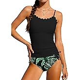 DONWEN Girls Tankini Swimsuit Two Piece Scoop Neck Scallop Trim Side Drawstring Girl Bathing Suit for 9-16Y