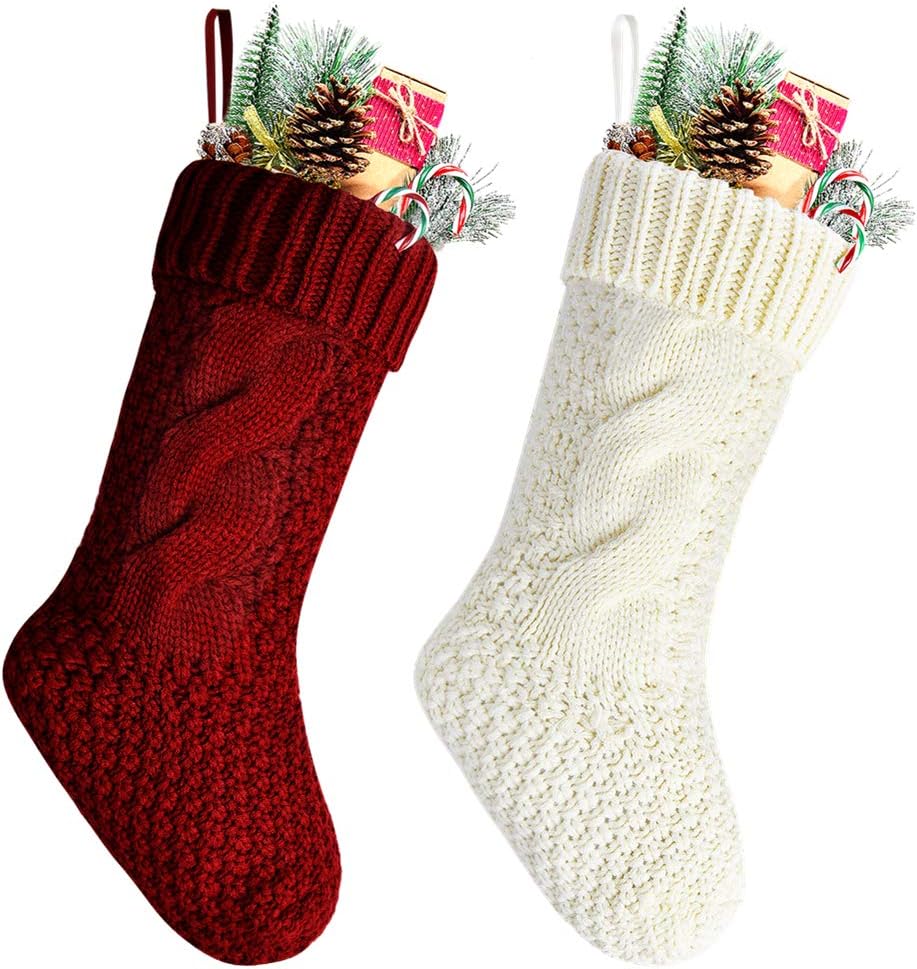 Stockings & Holders - Kunyida Unique Burgundy and Ivory White Knit Christmas Stockings 14