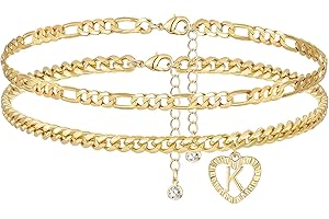 YANODA Initial Ankle Bracelets for Women 14K Gold Plated Layered Figaro Cuban Chain Letter Initial Anklets Handmade Letter A-Z Gold Anklets for Women Foot Jewelry Gifts