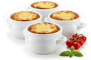 KooK French Onion Soup Crocks with Handles, Ceramic, Dishwasher, Microwave, Oven & Broil Safe, White Set of 4, 18 oz
