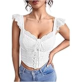 MakeMeChic Women's Lace Up Shirred Tank Top Ruffle Sleeveless Eyelet Embroidery Crop Tops