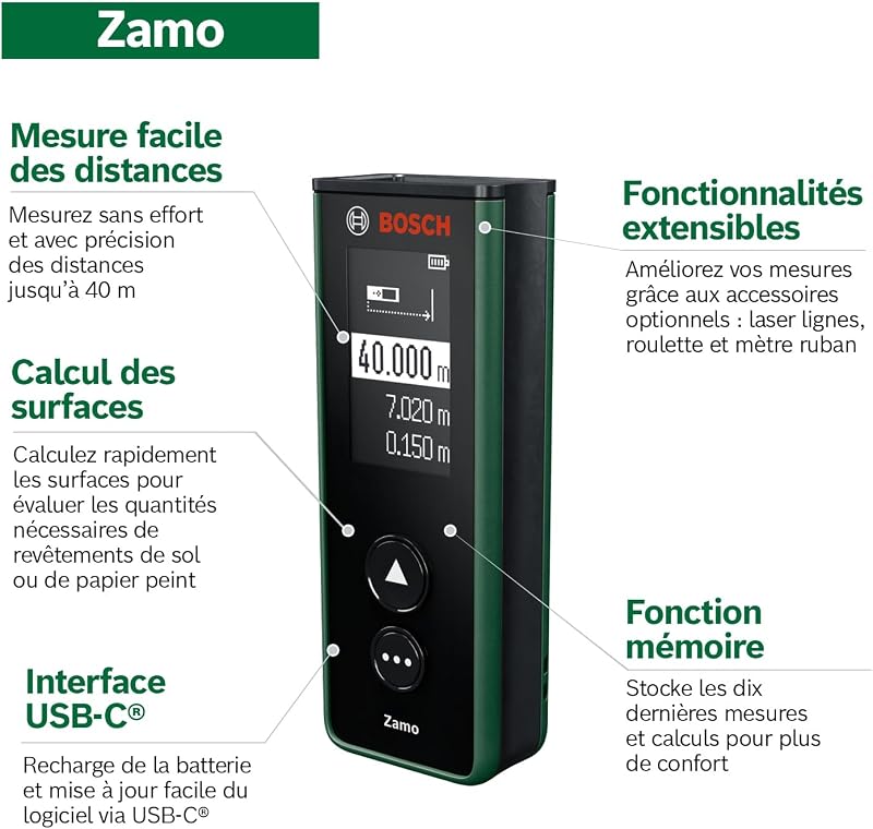 Télémètre Laser Zamo (portée jusqu’à 40 m, rechargeable USB‑C, mémorise 10 mesures, compatible avec adaptateurs, sans adaptateurs, incl. piles AAA rechargeables)