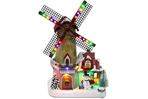 innodept12 Animated Christmas Village Windmill Décor – Pre-lit LED Lights and Musical Winter Snow Scene with Rotating Windmill, Holiday Decor Figurines for Party Centerpiece or Tabletop Display