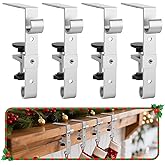 Acrridi Stocking Hangers for Mantel,8 Pcs 2 in 1Adjustable Christmas Stocking Holder,No-Drill, Easy to Install Garland Hanger for Christmas Decorations,Fits 0.1”-3.5”Mantles (Silver, 8)