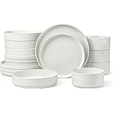 LIANYU Dinnerware Sets with Pasta Bowls for 4, 16 Piece Stoneware Plates and Bowls Set, Ribbed Dishes Dishware for Home Kitchen, Microwave and Dishwasher Safe, Speckled White