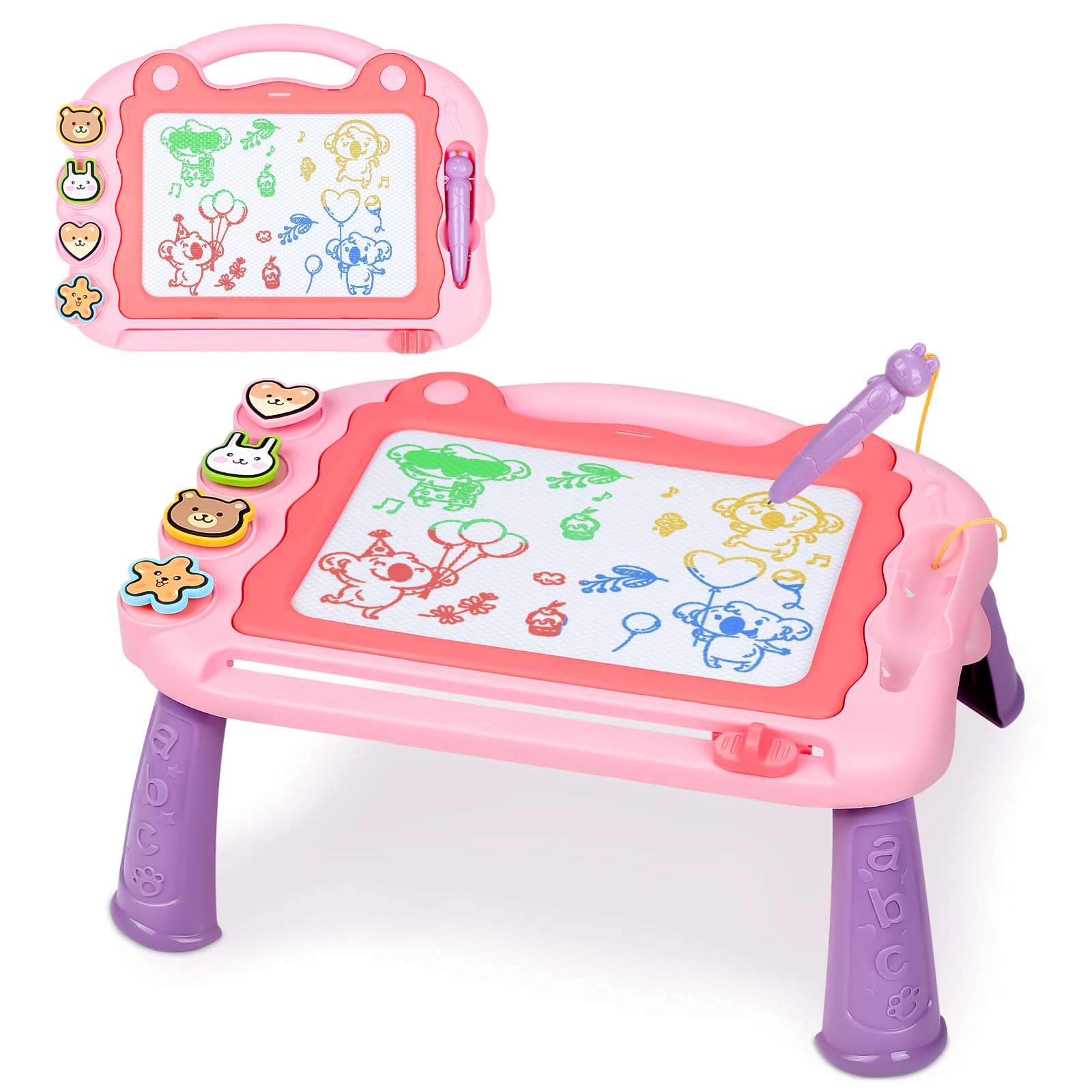 Sarsumir Magnetic Drawing Board, 30×23cm 4 Colors Doodle Scribble Board Erasable Sketch Writing Pad with 4 Stamps & Removable Legs Educational Toy for 2 3 4 5 6 Year Old Boys Girls Kids Toddlers, Pink
