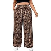 OYOANGLE Women's Plus Size Leopard Print Wide Leg Pants Elastic High Waisted Casual Trousers with Pockets