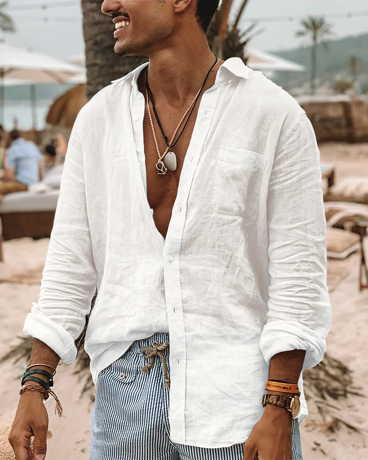 Hakjay Linen Shirts for Men Ultrathin Casual Button Down Shirts Long Sleeve Beach Shirt Hawaiian T Shirts for Men