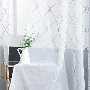 Top Finel White Sheer Curtains 84 Inches Long Grey Embroidered Diamond Grommet Window Curtains for Living Room Bedroom, 2 Panels