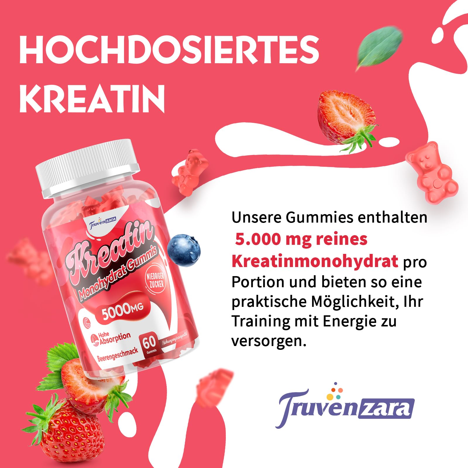 Truvenzara Kreatin-Gummies Komplex 5000mg pro Portion, 5-in-1-Formel mit Taurin & Vitamin B6, Kaubares Creatin-Monohydrat für Männer und Frauen, Beerengeschmack, Vegan (60 Stück (1er Pack)) 2