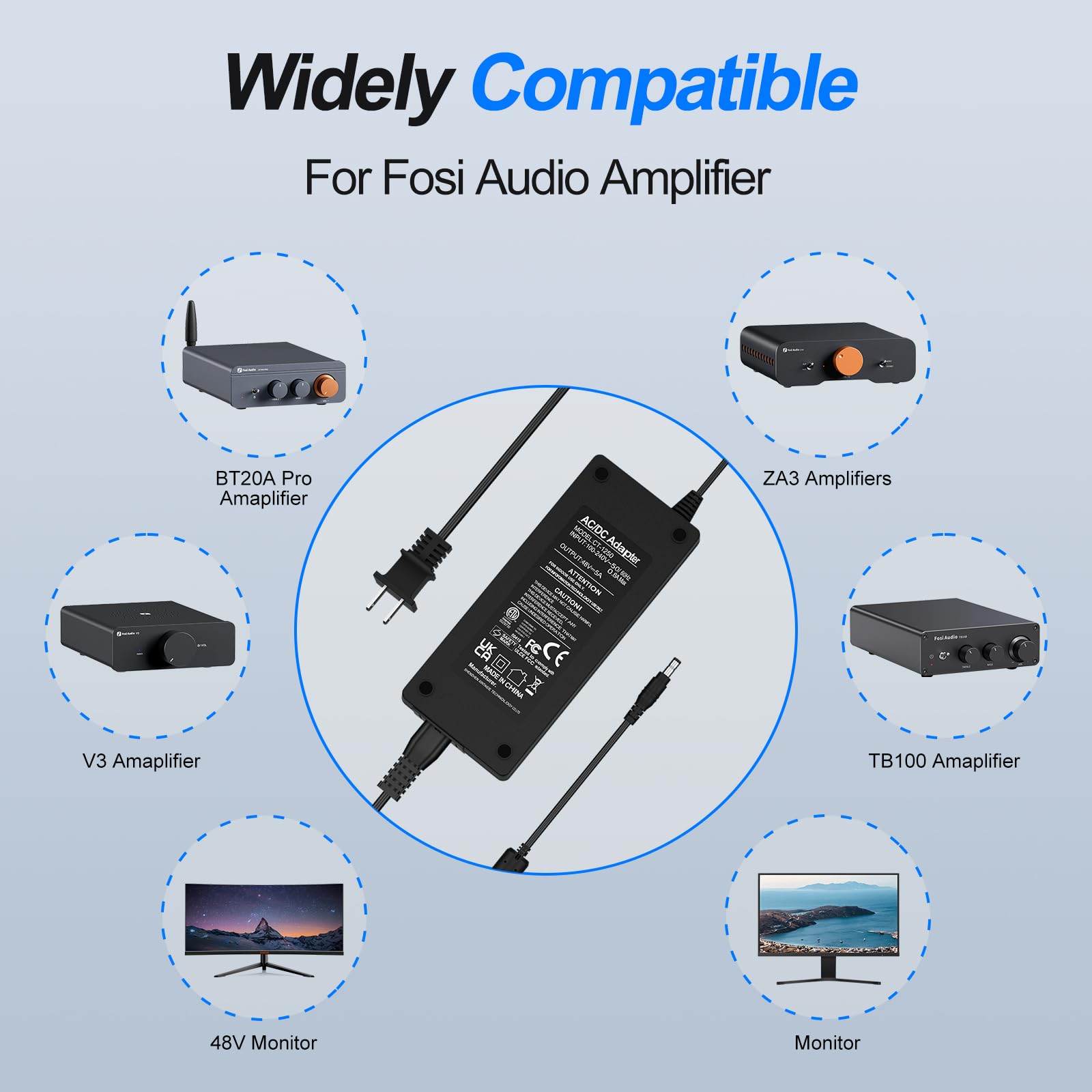 Audio 48V 5A Power Adapter Supply for Fosi Home Audio Bluetooth Stereo Receiver Amplifier Mini Hi-Fi Class D Integrated Amp