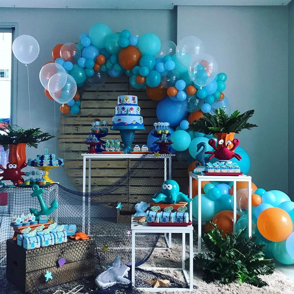 GIHOO Under The Sea Balloon Garland Arch Kit, 160pcs 5/10/12inch Lake Blue Tiffany Blue Orange Latex Balloons with 16ft Garland Strip for Under The Sea Ocean Themed Kids Birthday Party Decoration