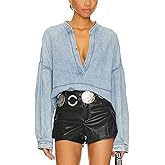 Women's Denim Pullover Deep V Neck Long Sleeve Raw Hem Loose Fit Casual Jean Tops