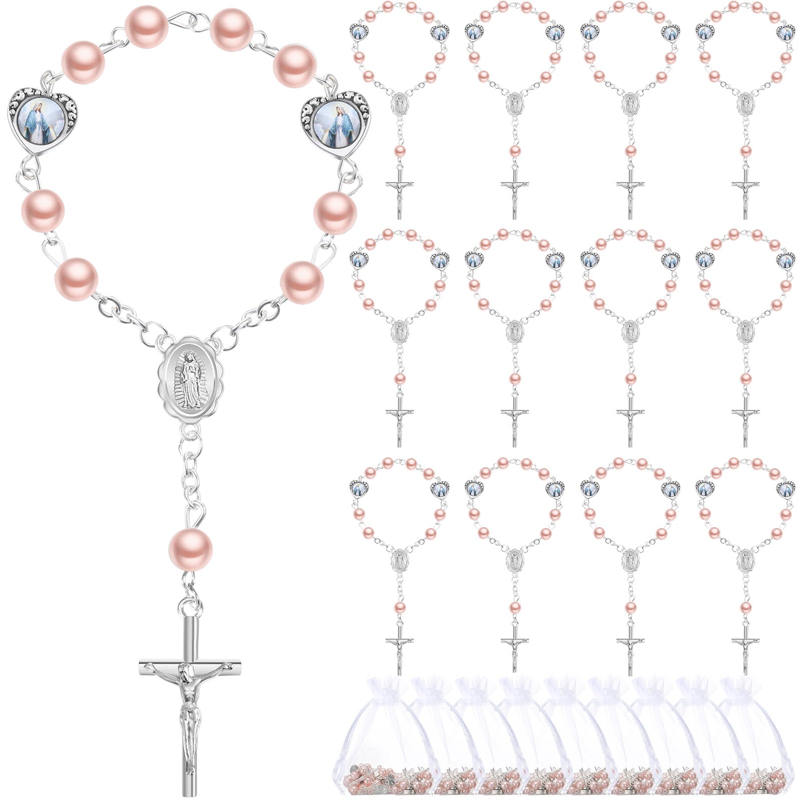 Photo 1 of Misdary 30 Sets Baptism Mini Rosary with Organza Bags Faux Pearls Baptism Rosary Favors for Guests Catholic Finger for Christening Weddings Party Favors First Communion Gift(Pink)