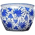 Oriental Furnishings 8" Blue and White Large Porcelain Jardiniere for Indoor Or Outdoor Use