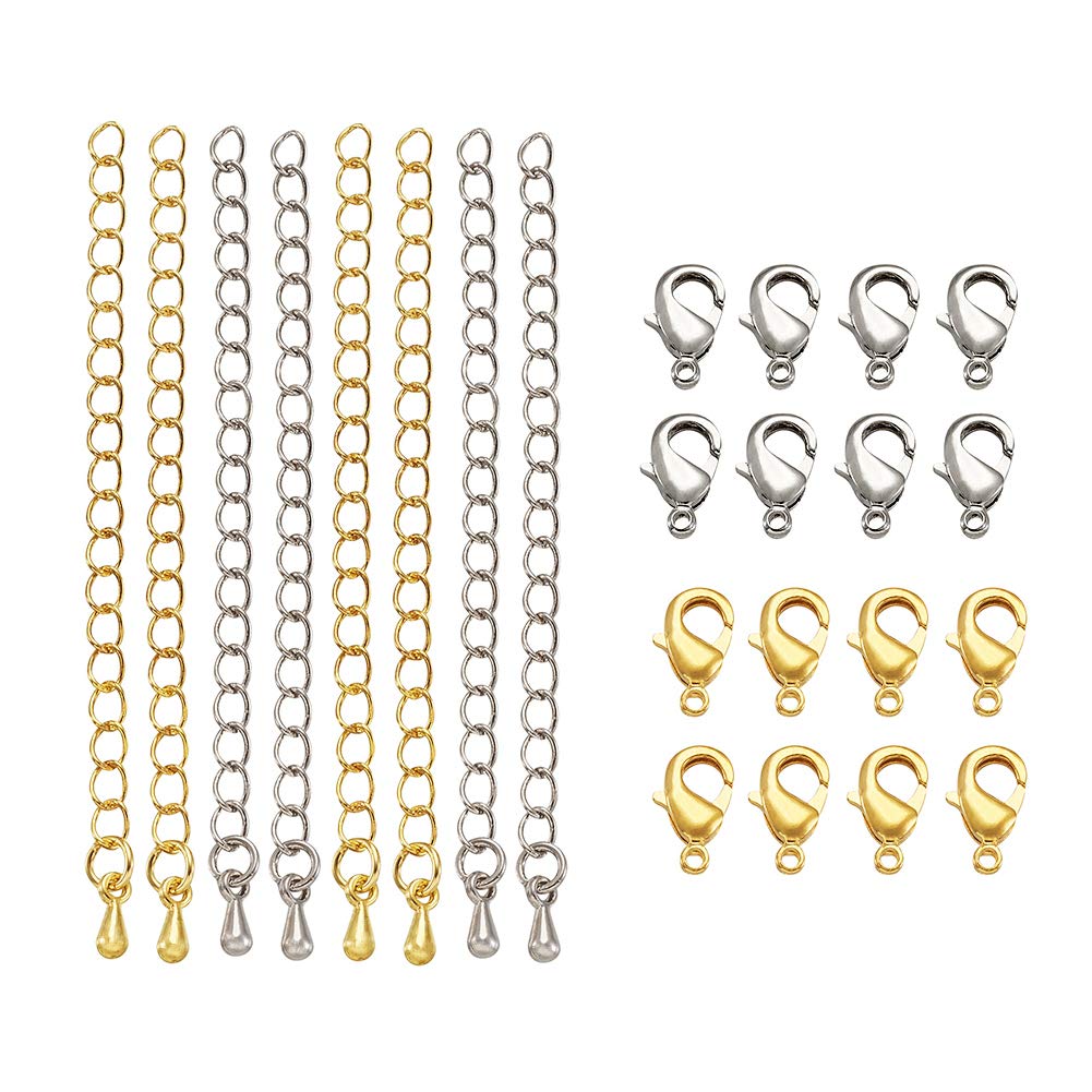 Craftdady 50Pcs Twist Extenders Chains 2.55-2.75 Inch Removable Chain Extension Tails Mixed Colors with Drop Charms, 50Pcs Lobster Clasps for Jewelry Making