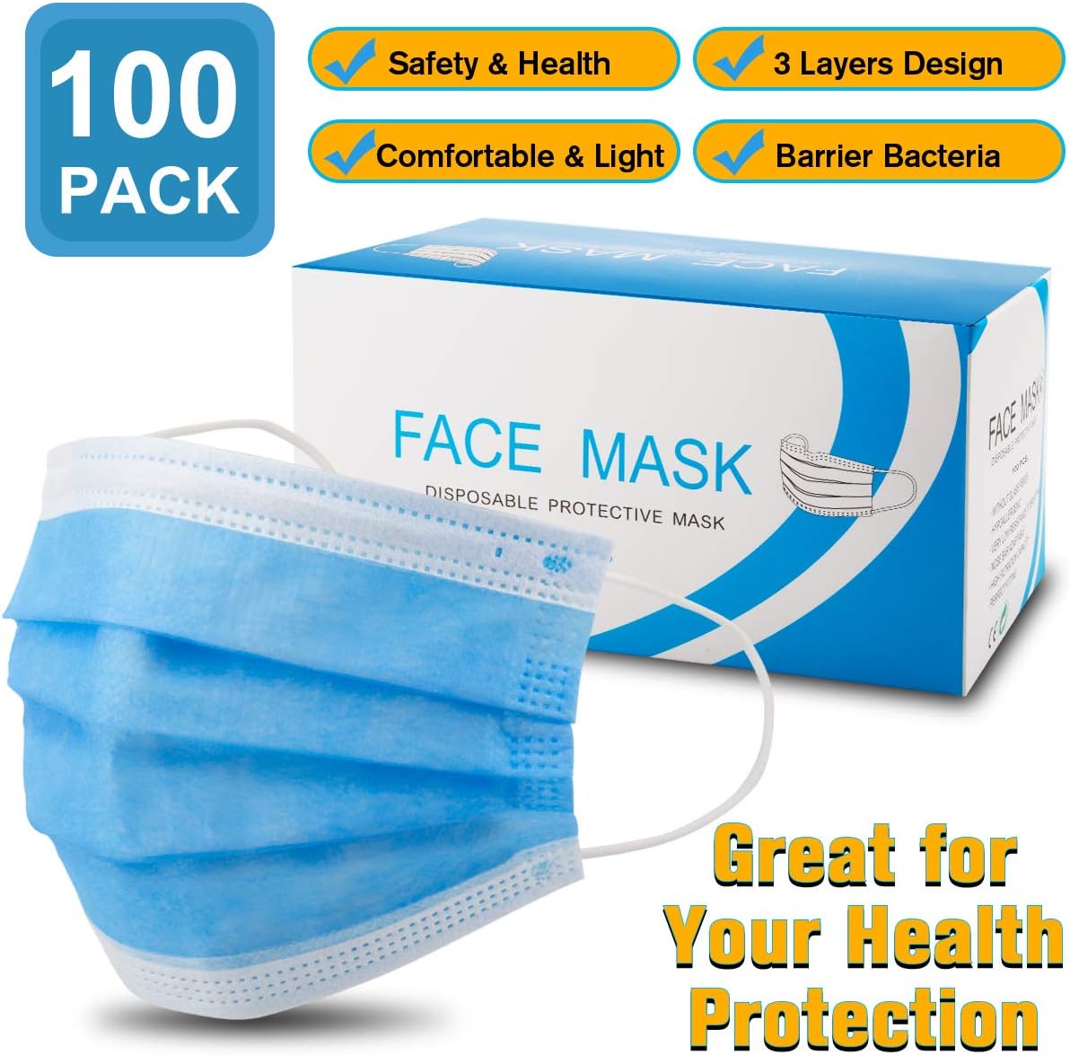 100PCS Disposable Face Mask 3-Layer Medical Mask, Anti Dust Comfortable Earloop Sanitary Masks for Men Women, Breathable Filter Safety Mouth Mask for Dust Protection Personal Health Home Office