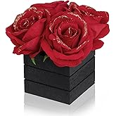 CVHOMEDECO. Artificial Red Roses with Wooden Vase Silk Red Glitter Rose in Black Wood Box for Home Decor. Idea for Wife, Him or Her, Valentines Day Mother's Day Birthday Love Gifts.