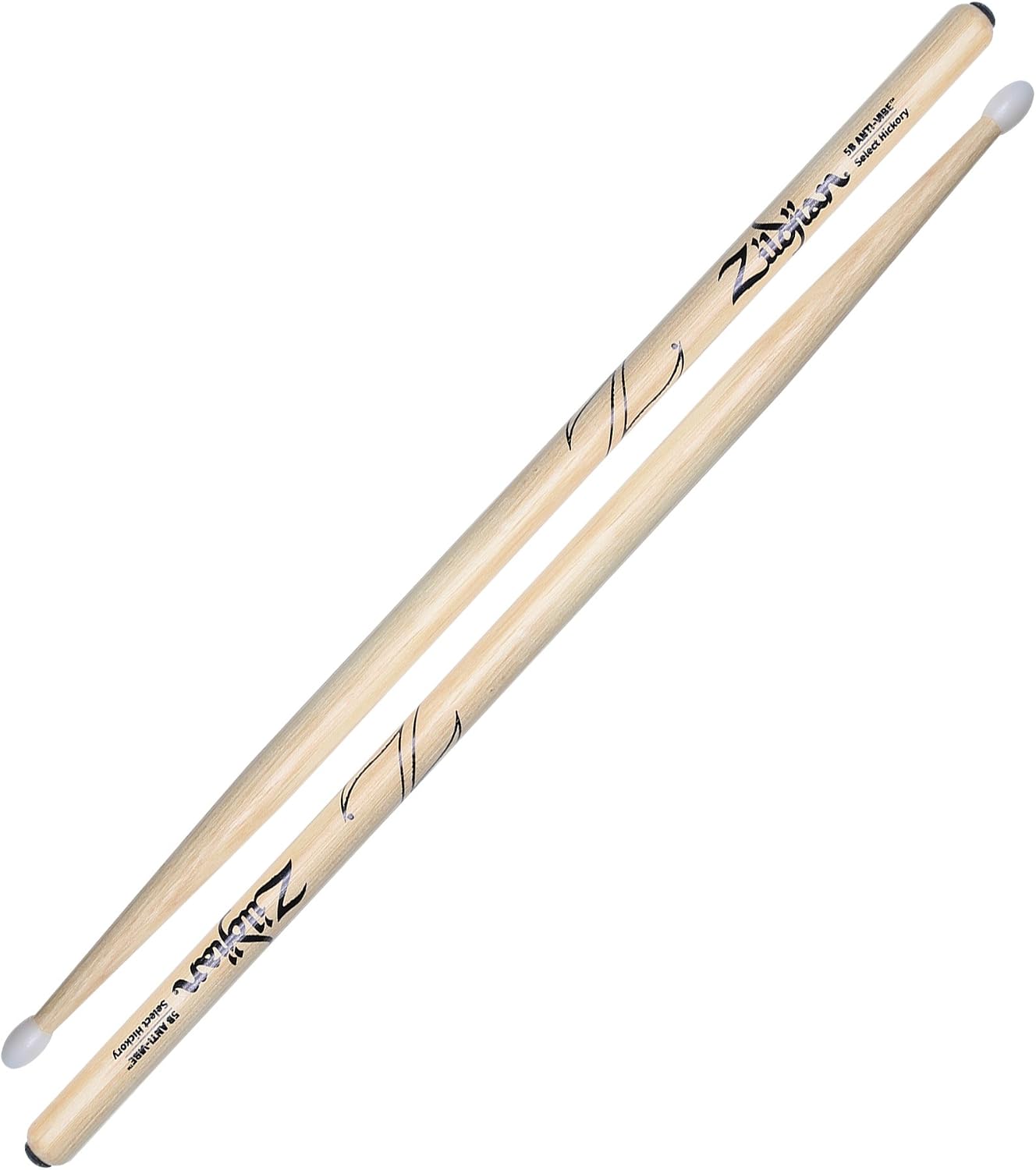 Zildjian 5B Hickory Drumsticks - Wood Tip - Black, Anti-Vibe