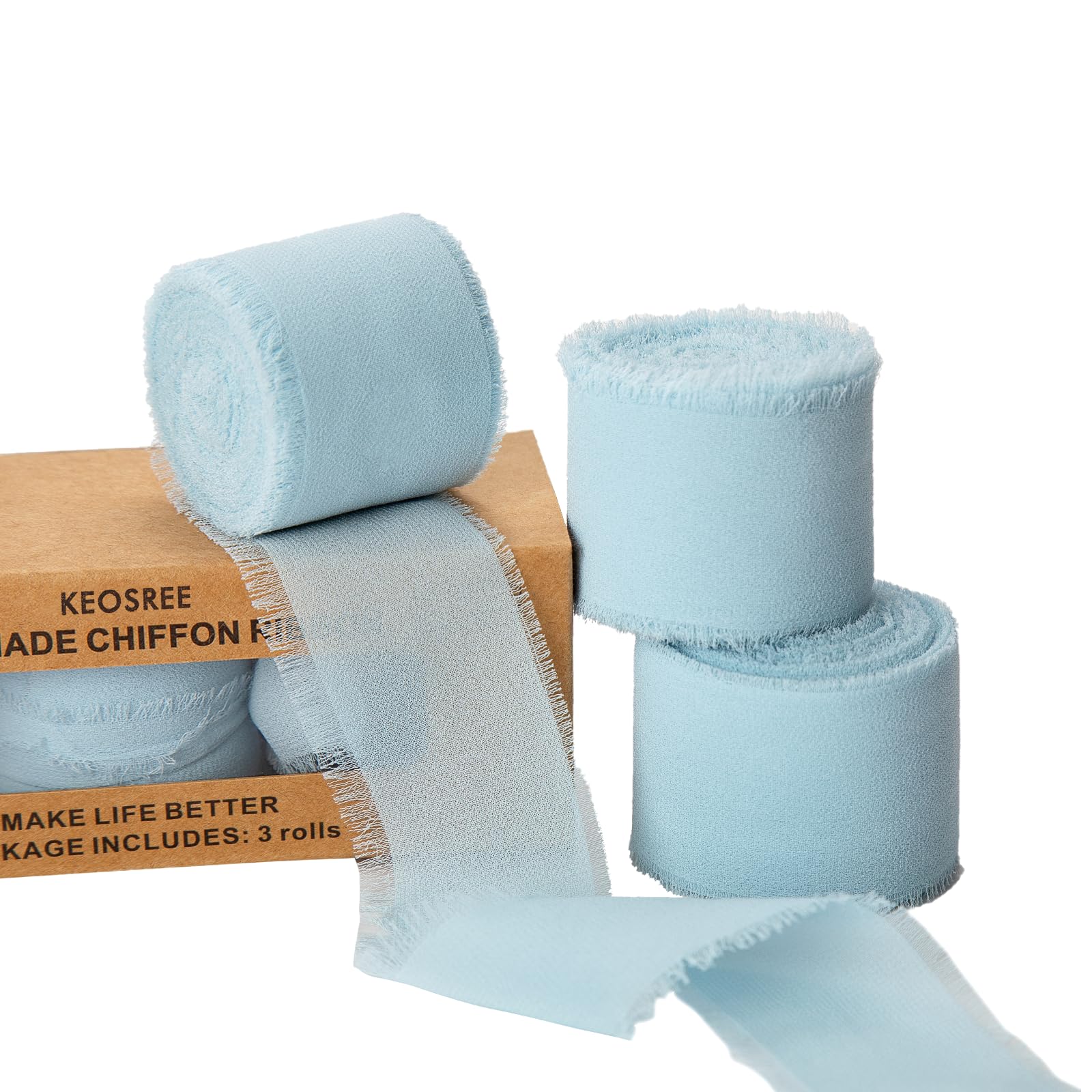 Photo 1 of KEOSREE 3 Rolls Light Blue Handmade Chiffon Ribbon,1.5" x 21Yd Frayed Fringe Silk Ribbons (3 Rolls *7Yd) for Gifts Wrapping, Wedding Invitations, Bridal Bouquets, Decorations