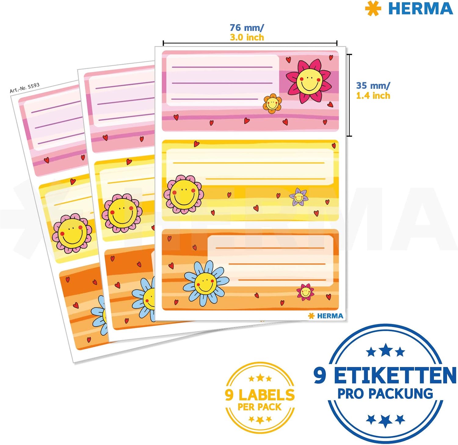 HERMA 5593 Book Labels for Writing Flower Faces 9 Pieces 76x35mm Self-Adhesive Lined Book Stickers for School Kids Girls Boys Multicoloured Notebook Labels Stickers Colourful - Image 3