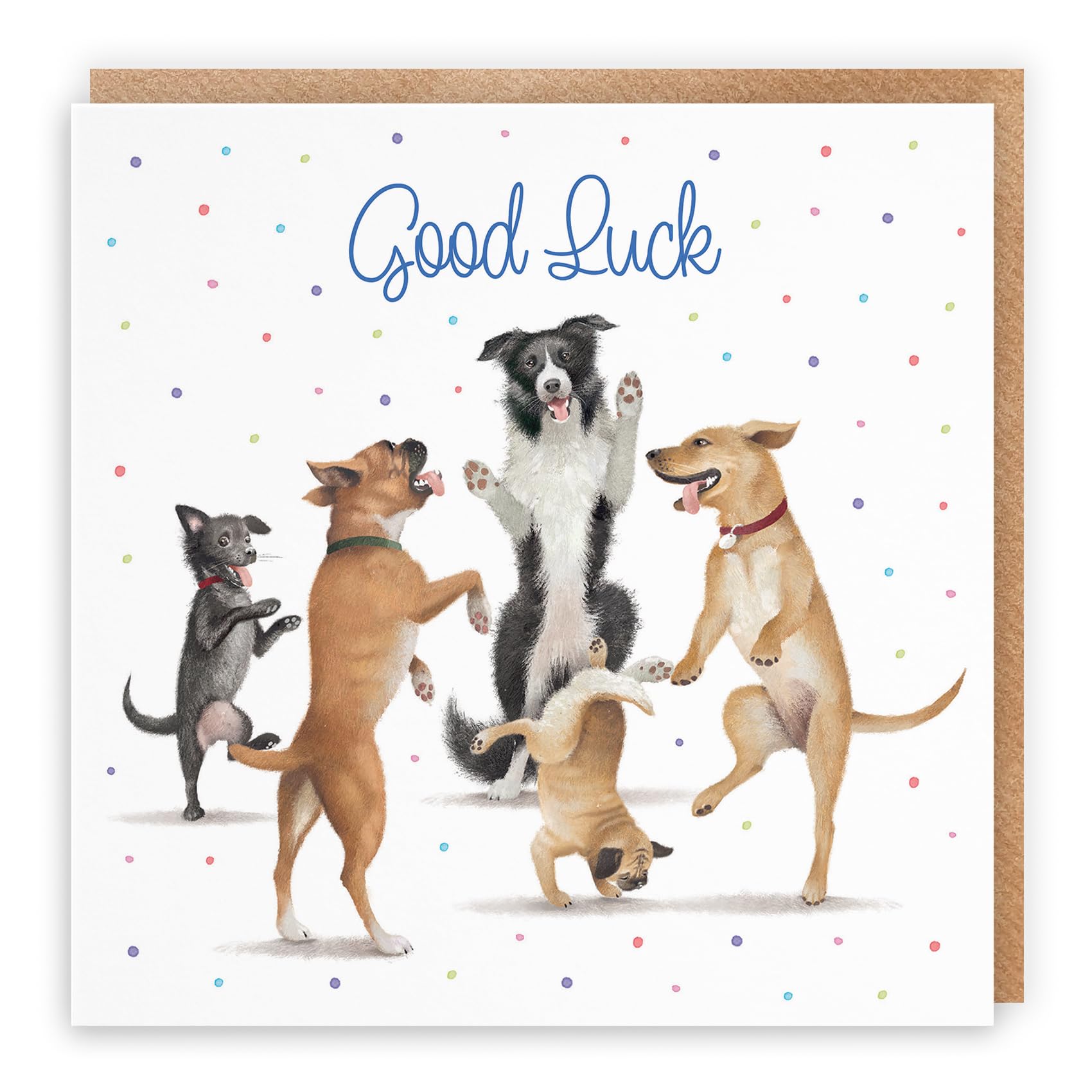 Hunts England - Large Good Luck Card For Him Or Her - Dancing Dogs - Motivational Encouragement Support Card For Men, Women, Children, New Job, Exams, Travelling, etc. - Milo's Gallery - 210 x 210 mm