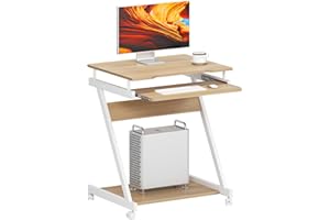 sogesfurniture Maple Z Shape Rolling Workstation, Small Computer Desk with Printer Shelf, Keyboard Drawers, 28.7x18.9x23.6 inches, Modern Style, for Home and Office