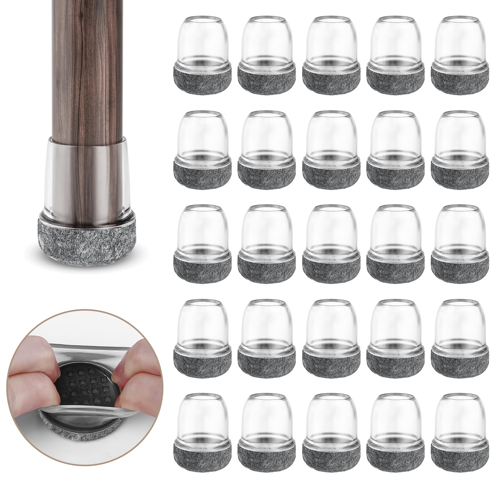 RCHYFEED 24Pcs Silicone Chair Leg Floor Protectors 14-19 mm, Transparent Furniture Leg Caps Cups with Grey Felt Pads for Protecting Hardwood Floors from Scratches, Furniture Sliders Table Leg Cover
