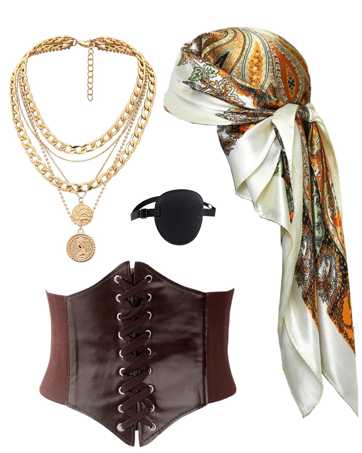 Photo 1 of kasahara 4 Pcs Pirate Costume Accessories Women Pirate Hat Head Scarf Headband Wrap Pirate Corset Belt Eye Patch Necklace (White & Brown)