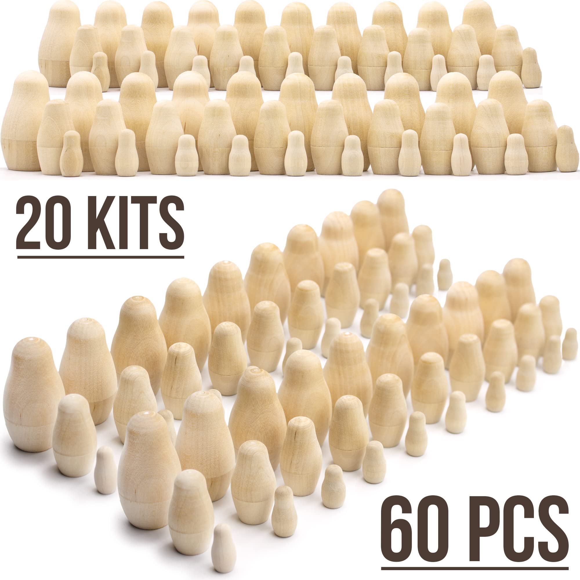 AEVVV Unpainted Russian Matryoshka Lot of 20 Sets by 3 pcs - Blank Nesting Dolls - Wooden Dolls Unfinished - Wooden Russian Matryoshka