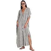 Gottex Beach Life Black and White Hanna Geo Print Cover Up 100% Viscose Scoop Neck Kaftan Swimsuit for Women, One Size Fits Most Summer Bathing Suit Dress