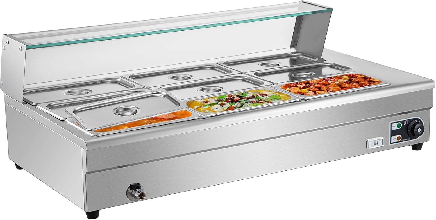 VEVOR 9-Pan Bain Marie Food Warmer 6-Inch Deep, 110V Food Grade Stainelss Steel Commercial Food Steam Table, 1500W Electric Countertop Food Warmer 63 Quart with Tempered Glass Shield