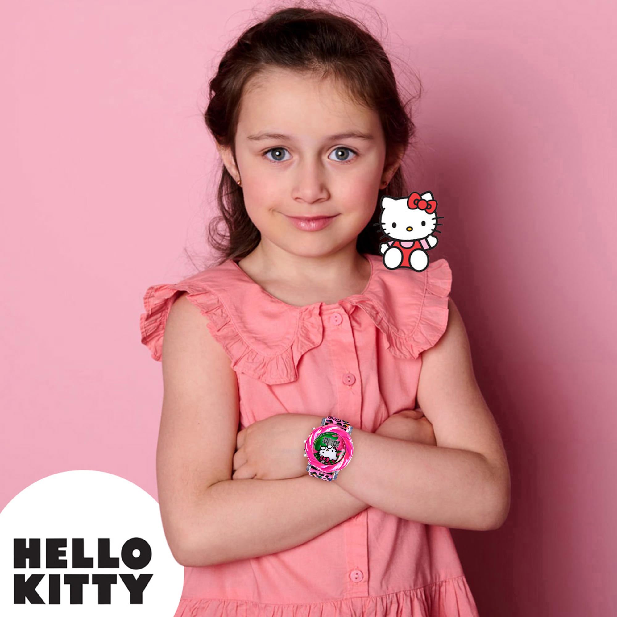 Accutime Hello Kitty LCD Watch for Girls with Flashing LED Lightshow - Vivid Pink Strap, Iconic Hello Kitty Design, Fun Time-Teaching Accessory