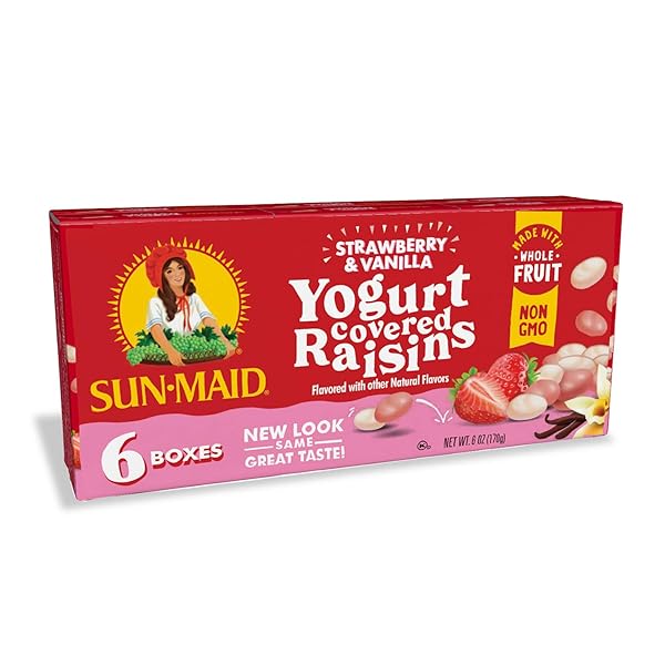 SUN-MAID STRAWBERRY & VANILLA YOGURT COATED RAISINS – (6 PACK) 1 OZ SNACK-SIZE BOX – YOGURT COVERED DRIED FRUIT FOR LUNCHES AND BACK TO SCHOOL SNACKS
