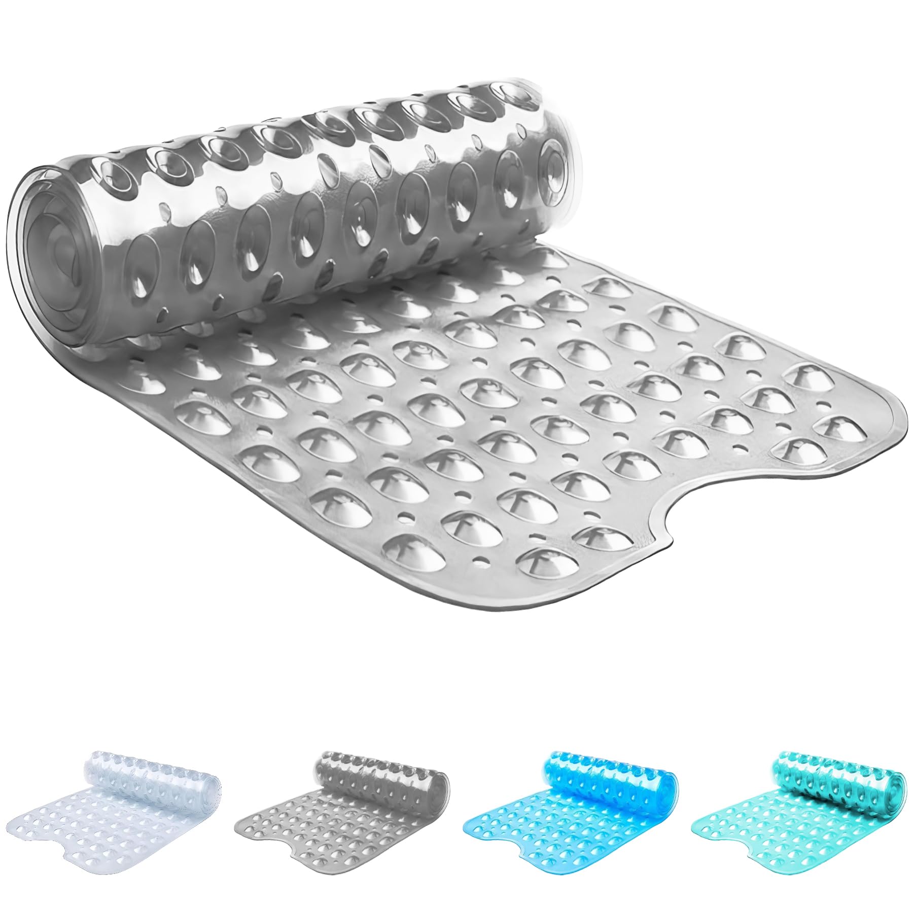 ADOV Shower Mat, Extra Long Non Slip Bath Mat Antibacterial Rubber 100x40 cm, Anti Mould Machine Washable Safety Bathroom Mat with Anti-Slip 200 Strong Suction Cups Griping, Drain Holes (Grey)