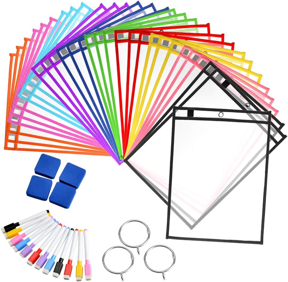 InpourPack 30 Pack Reusable Dry Erase Pockets Sheet Protectors 10 X 13 Inches - Mixed Colors - Ideal to use at School Teacher Supplies for Classroom Organization