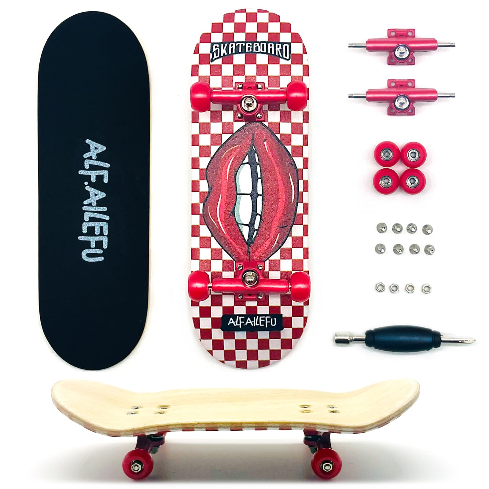 Pro Fingerboard 32mm Wooden Board Professional Finger Skateboard Trucks CNC Wheels with Bearings (RED-Lips)